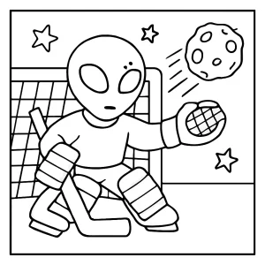 Alien goalie blocking asteroid shot coloring page for kids to print and color