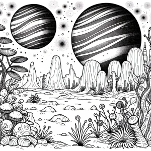 Alien planet landscape with two moons in the sky