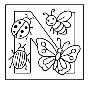 Letter N with garden bugs coloring page for kids, free printable