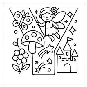 Letter Y fairyland icons coloring page for kids to print and color
