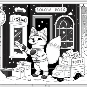 Arctic fox postal worker sorting postcards in snowy post office