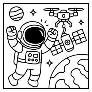 Astronaut celebrating satellite repair drone coloring page for kids