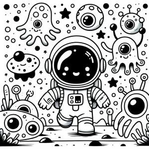 Astronaut exploring alien planet with friendly blob creatures