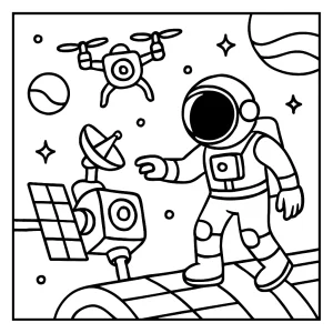 Astronaut and satellite repair drone coloring page featuring space, robotics, and stars for kids to print and color.