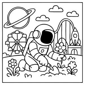 Astronaut gardening at ringworld amusement park coloring page for free printable fun