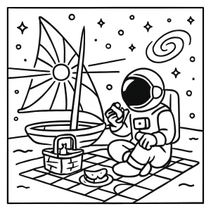 Astronaut having picnic on pulsar sailboat coloring page for free printable fun