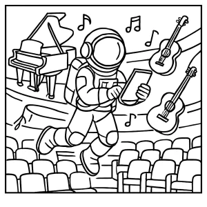 Astronaut performing research in a zero-gravity concert hall coloring page for kids to print and color