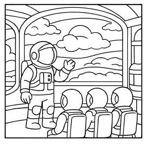 Jupiter astronaut training recruits coloring page with space scenery and cloud base for kids to print and color