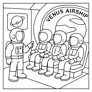 Astronaut training recruits in Venus airship coloring page with futuristic space suits and controls
