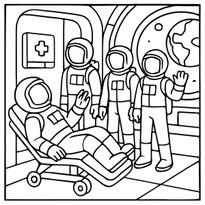 Astronaut training recruits in orbital hospital coloring page with futuristic space medical scene
