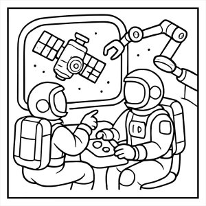 Astronaut training recruits in satellite repair drone coloring page for kids