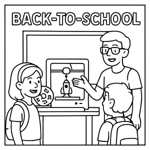 Back-to-school 3D printer club demo coloring page with students watching a 3D printer in action