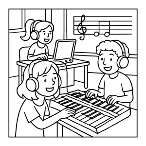 Back-to-school digital music lab jam coloring page with kids playing instruments and computers
