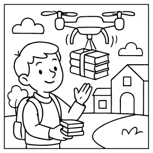Back-to-school coloring page with a drone delivering textbooks to students outside a school building