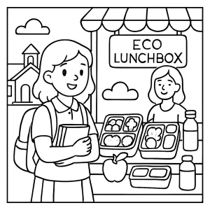 Back-to-school eco lunchbox market coloring page for kids, printable and free.