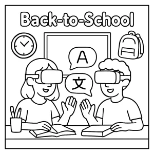 Back-to-school language VR exchange coloring page with kids wearing VR headsets in a classroom, ideal for free printable coloring