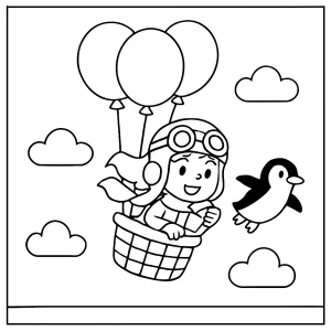 Balloon pilot girl soaring with penguin coloring page for kids to print and color