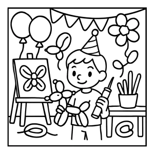 Balloon art birthday party coloring page featuring kids, balloons, and festive decorations for free printable fun