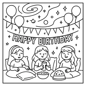 Galaxy projection birthday sleepover party coloring page for kids with stars, friends, and cozy decorations