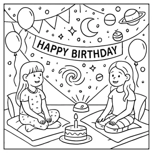 Galaxy projection sleepover birthday party coloring page with kids, stars, and decorations