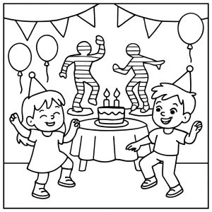 Hologram dance-off birthday party coloring page with kids and glowing decorations