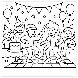 Hologram dance-off birthday party coloring page featuring kids and holographic dancers at a festive party scene
