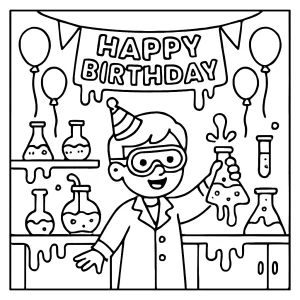 Neon slime laboratory birthday party coloring page with bubbling beakers and gooey slime for kids to color