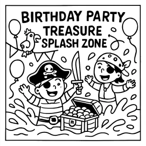 Pirate Treasure Splash Zone birthday coloring page with pirates, treasure chest, and water splashes for kids to color