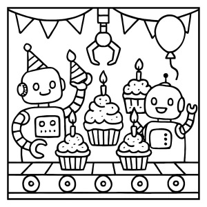 Robot cupcake assembly line birthday party coloring page with robots making cupcakes for kids to print and color