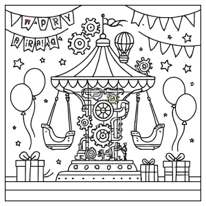 Steampunk carnival ride birthday coloring page featuring whimsical gears, balloons, and party decorations for kids to color.