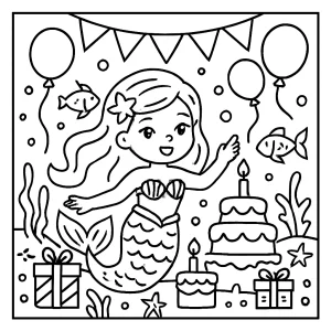 Underwater Mermaid Birthday Gala coloring page featuring mermaids, balloons, and sea creatures for kids to color.