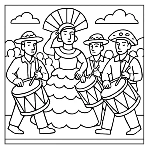Brazil Maracatu Drum Parade coloring page showing drummers and dancers in festive costumes