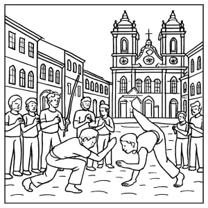 Capoeira dancers in historic Pelourinho Square coloring page for free printable activities