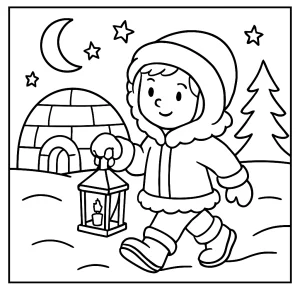 Canada Igloo Lantern Walk coloring page featuring children with lanterns and igloos on a snowy night