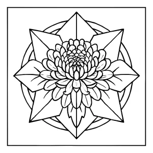 Chrysanthemum origami flower mandala coloring page with layered petals and geometric folds, printable for free