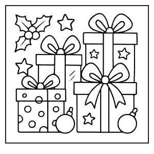 Christmas gifts coloring page with wrapped presents for kids to color