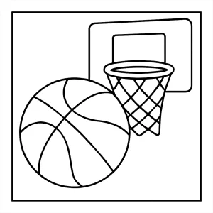 Basketball game coloring page with players and a hoop for kids to print and color