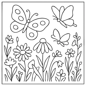 Butterfly Meadow coloring page featuring butterflies and flowers for kids and adults to print and color.