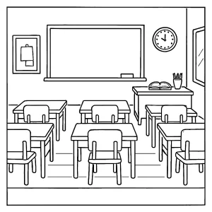 Classroom scene coloring page featuring students, teacher, desks, and school decorations