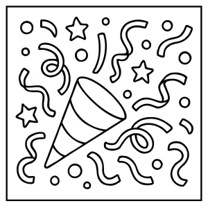 Festive confetti coloring page for kids – free printable coloring sheet with scattered confetti, streamers, and party designs.