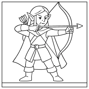 Elf archer coloring page depicting a fantasy elf with a bow, free printable for kids