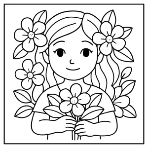 Girl with Flowers coloring page for kids to print and color