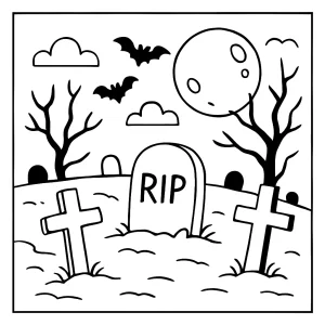 Spooky graveyard coloring page with tombstones and trees for free printable fun