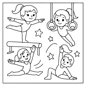 Gymnastics coloring page featuring a gymnast performing on a balance beam, free printable for kids