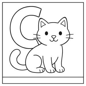 Letter C with cat coloring page – free printable for kids