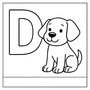 Letter D with dog coloring page for kids to print and color.