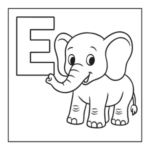 Letter E with elephant coloring page, printable activity for kids
