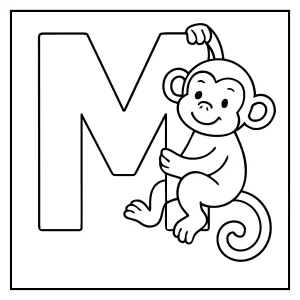 Letter M with monkey coloring page for kids to print and color