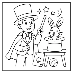 Magic show coloring page with magician, hat, wand, and tricks for kids to color