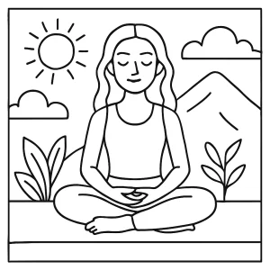 Meditation scene coloring page with a person in lotus pose surrounded by nature, printable for free coloring